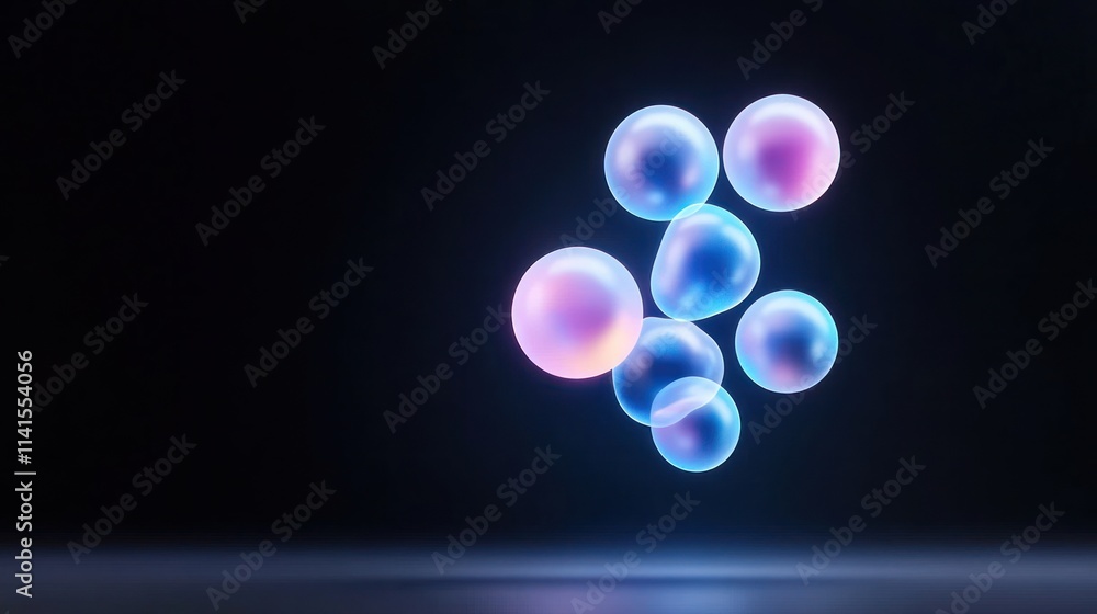 Poster colorful translucent spheres floating in a dark space.
