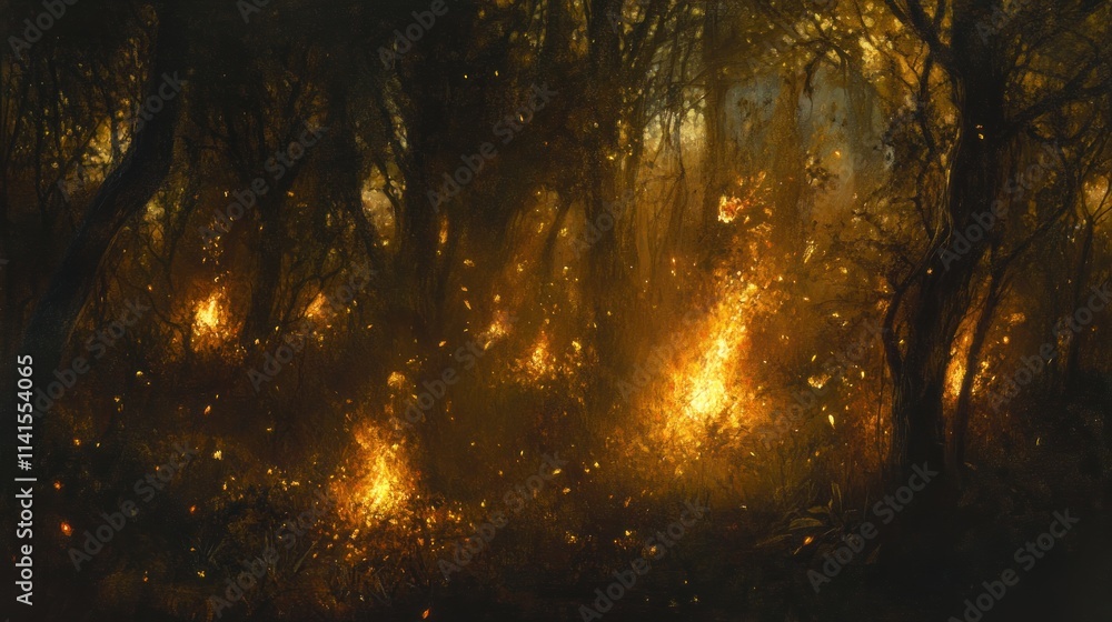 Poster a mystical forest scene illuminated by glowing embers and soft light, creating an enchanting atmosph