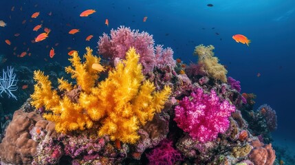 Obraz premium A colorful coral reef with many different colored fish swimming around it