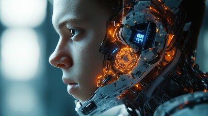 a young man is with his face and neck partially revealing intricate machinery beneath the skin. The side of his face and neck is integrated with various electronic parts, including glowing screens