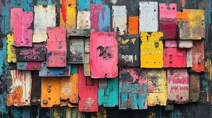 Colorful layered paint, wood collage, abstract art.