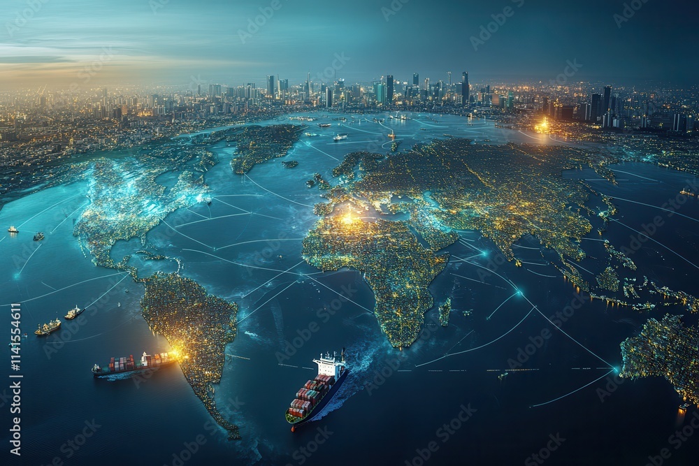 Aufkleber a digital globe illuminated with city lights and interconnected shipping routes, showcasing a vibran