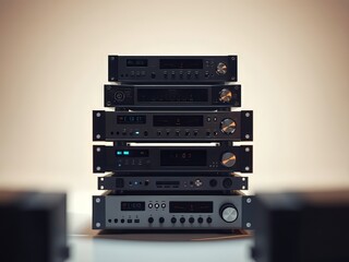 Fototapeta premium Bokeh-blurred audio equipment boxes.