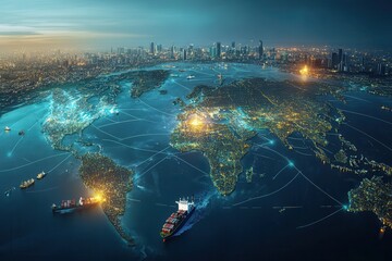 A digital globe illuminated with city lights and interconnected shipping routes, showcasing a vibrant, global trade landscape.