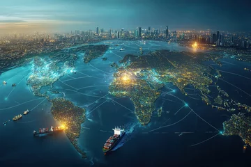 Selbstklebende Fototapeten A digital globe illuminated with city lights and interconnected shipping routes, showcasing a vibrant, global trade landscape. © Po