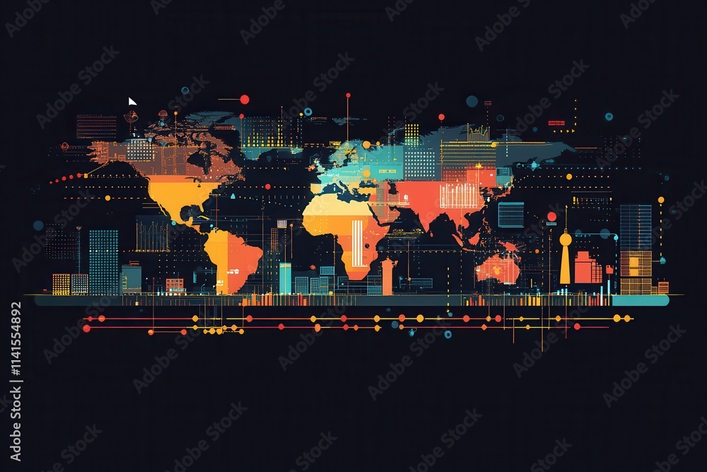 Poster a vibrant, abstract digital world map showcasing cities and data points in a modern, tech-inspired d