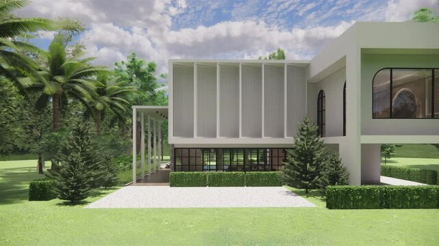 Modern house exterior with garden  landscape .3D rendering model of the building.3d animation render isometric floor plan of modern contemporary house.
