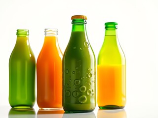 Bright green and orange juice bottles, vibrant landscape backdrop.