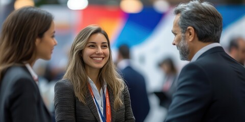 Obraz premium Three professionals engage in conversation at a networking event, showcasing collaboration and communication in a vibrant atmosphere.