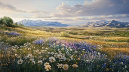 A field of flowers with a mountain in the background