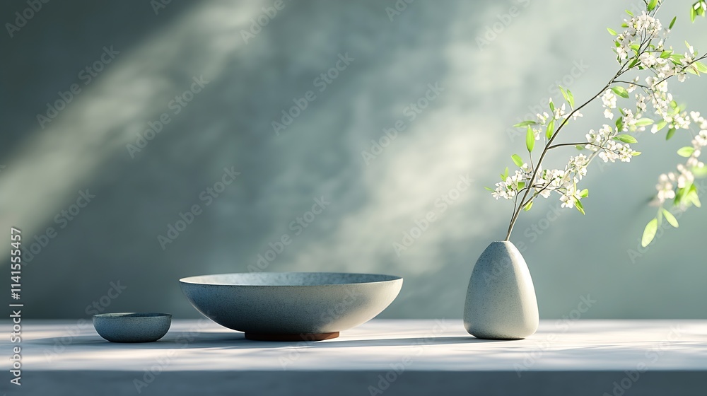 Poster Minimalist Zen Arrangement with Ceramic Vase and Blossoms on Marble Table in Soft Sunlight : Generative AI
