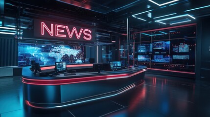 Modern news studio with digital screens and red neon lighting.