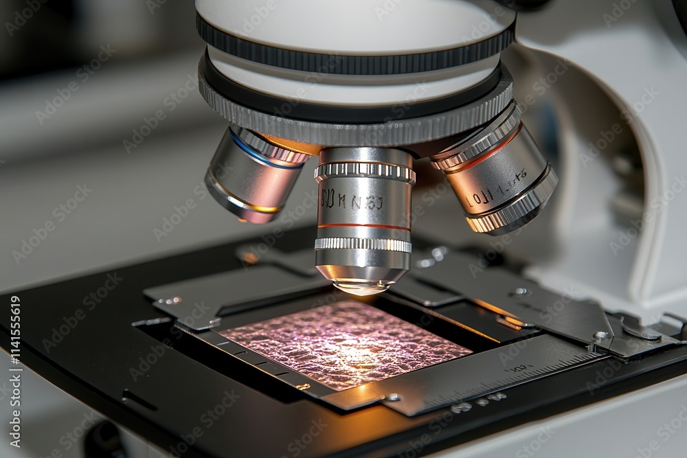 Poster a close-up of a microscope lens focusing on a prepared slide, illustrating the intricate details of 