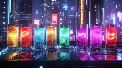 Colorful glowing liquid-filled containers in a futuristic urban setting.