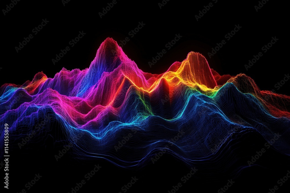 Poster vibrant multi-colored waveform visualization on black background in two dimensional flat style with 