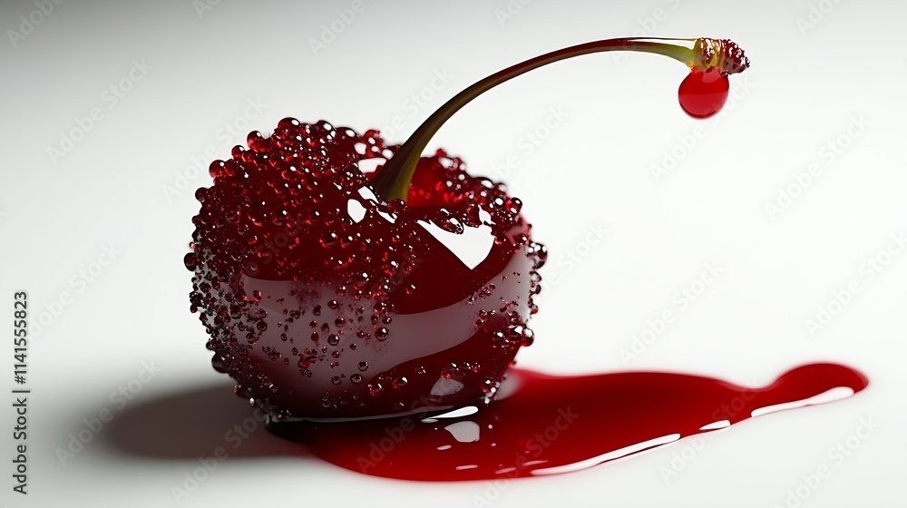 Poster closeup of fresh red cherry with juice droplets and a pristine white background : generative ai