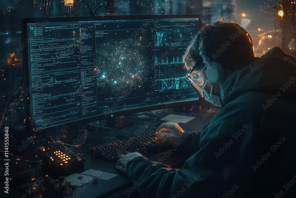Poster A person works intensely at a computer, surrounded by dim lighting, displaying complex code and digital graphics on multiple screens.