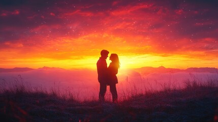 Obraz premium Silhouette couple against vibrant sunset
