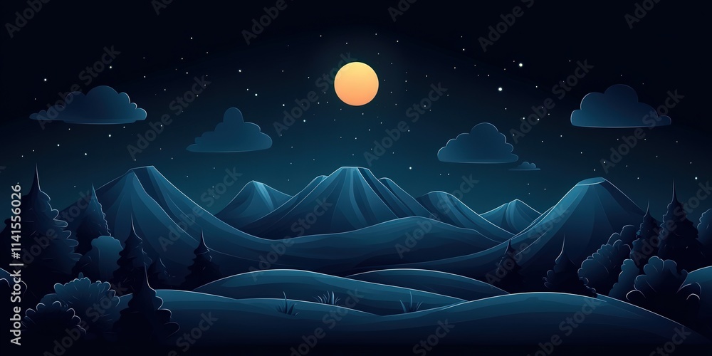 Poster serene night scene with mountains and moon on a dark background featuring vector illustrations and s