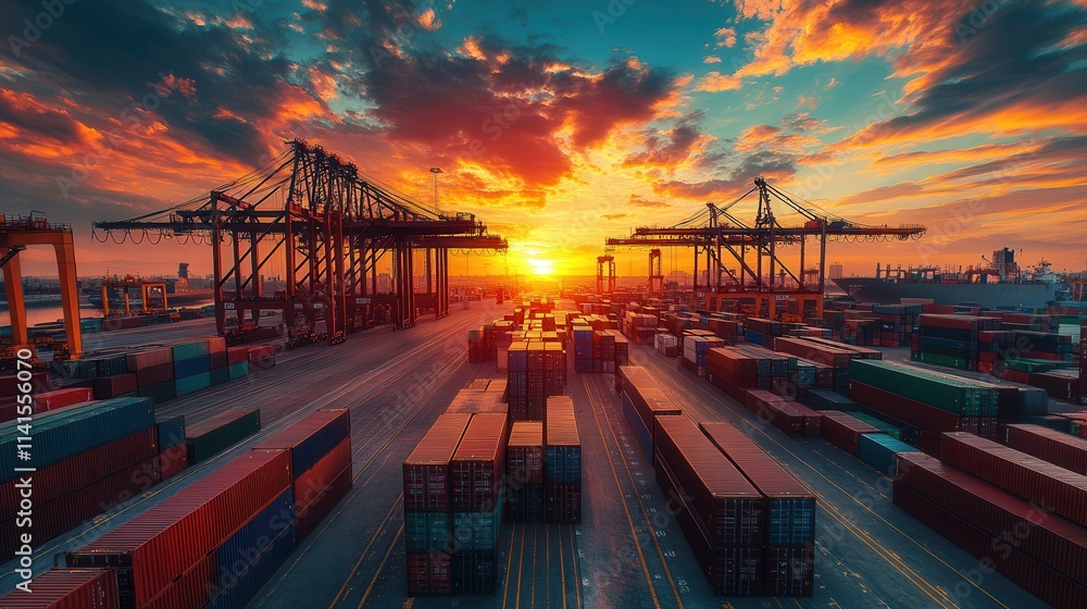 Poster a vibrant sunset over a busy shipping port, with towering cranes and stacked containers creating a d