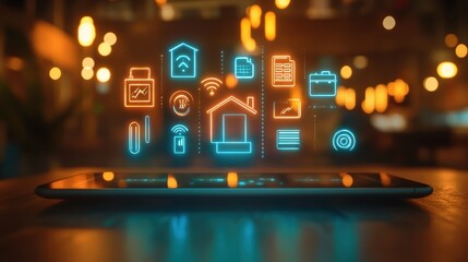 The image depicts a tablet, with a holographic display of various smart home icons projected above it.