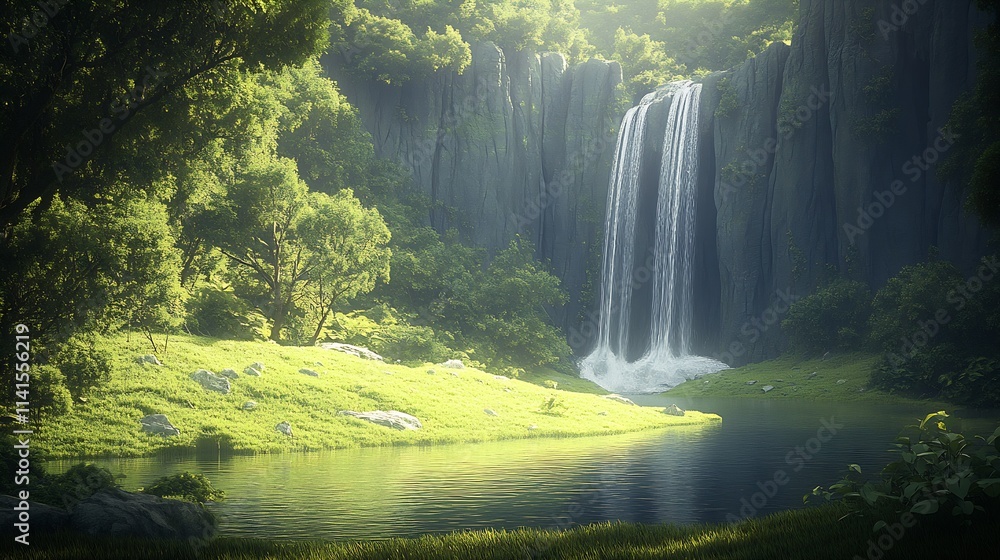 Poster serene green forest waterfall cascading into tranquil pool surrounded by lush vegetation : generativ