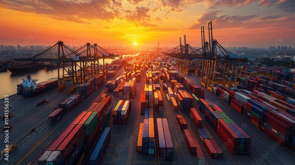 Poster a vibrant sunset casts a warm glow over a busy shipping port filled with colorful containers and tow