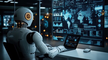 modern office setting a person is seated at a desk, facing a series of graphs and charts displayed on the wall. The individual is wearing a white shirt and appears to be focused on the data presented.