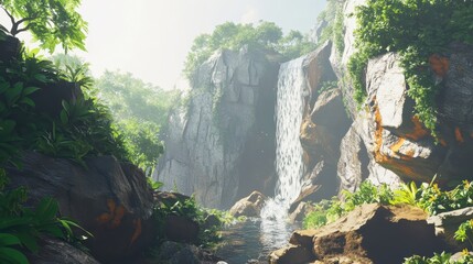 A waterfall is in the middle of a forest