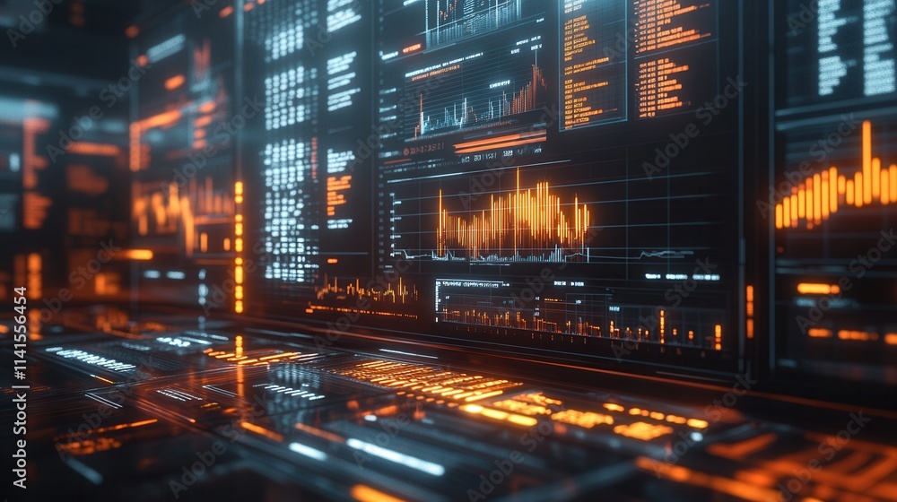 Poster A futuristic interface displaying vibrant data analytics with glowing graphs, charts, and digital readouts.