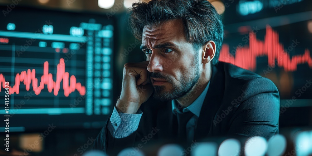 Poster A focused businessman analyzes data on multiple screens, surrounded by red graph lines, conveying intensity and decision-making in a high-stakes environment.