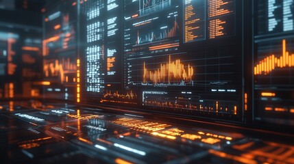 A futuristic interface displaying vibrant data analytics with glowing graphs, charts, and digital readouts.
