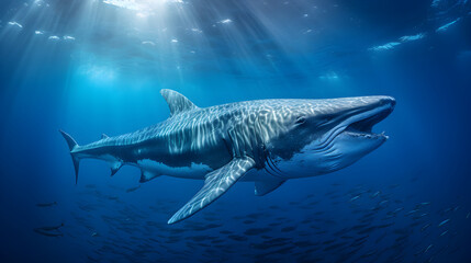 Naklejka premium Magnificent Gliding Blue Whale in Azure Ocean Depths: A Scenic Illustration of Marine Serenity