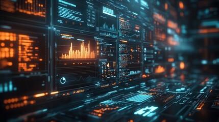 A futuristic digital landscape with glowing panels displaying data visualizations and graphs, creating an immersive tech environment.