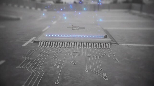 CGI Computer Chipset Generating a City in a real life parking lot