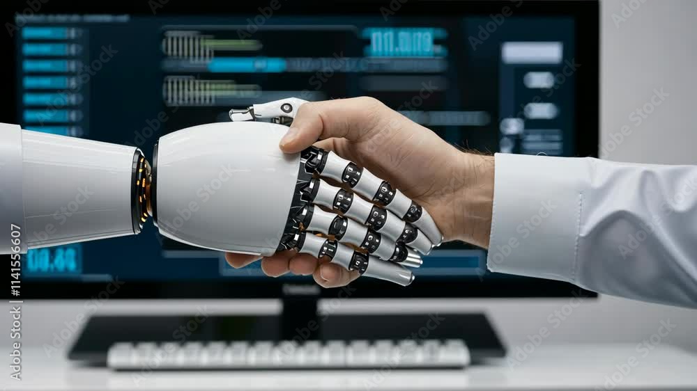 Poster ai-powered assistant enhancing human efficiency in the workplace concept, exploring future robotic h