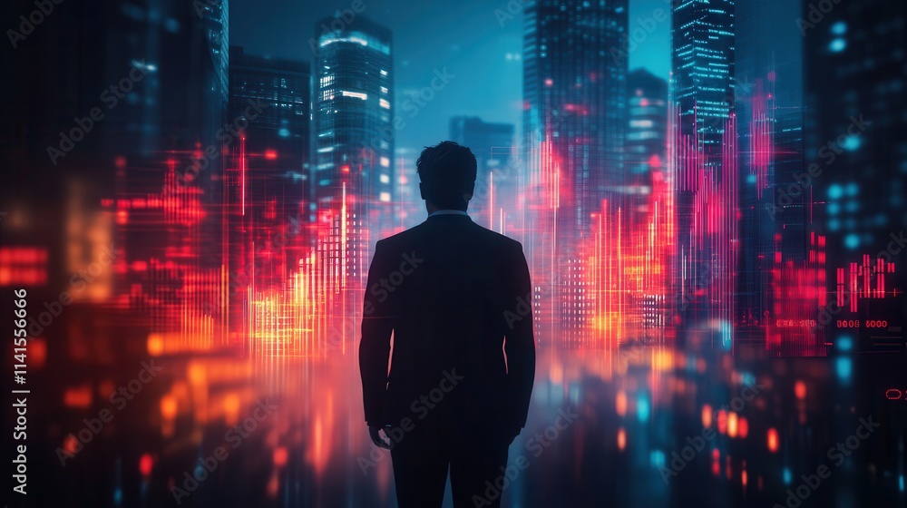 Poster a silhouette of a man in a suit stands before a futuristic cityscape adorned with vibrant digital gr