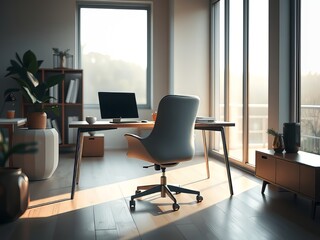 Clean home office, AI-generated minimalist photo.
