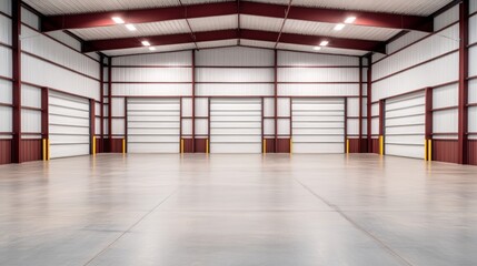Spacious and Modern Industrial Warehouse Interior with High Ceilings, Open Floor Plan, and Large Roll-Up Doors Ideal for Storage or Manufacturing Use