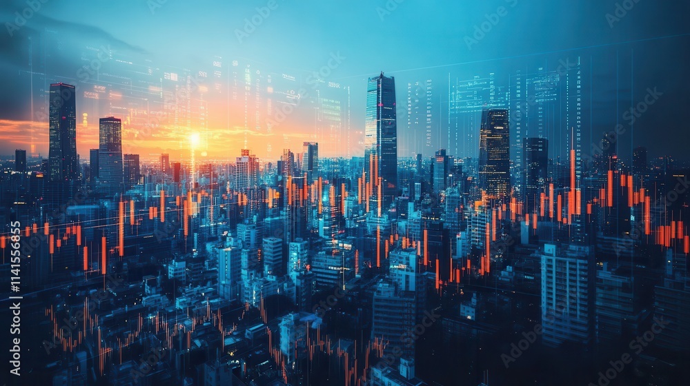 Fototapete A vibrant city skyline at sunset with digital data overlays, symbolizing technology and urban development.