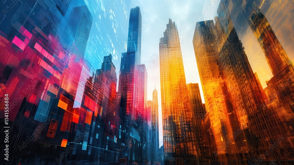 Poster a vibrant urban scene showcasing towering skyscrapers with a dynamic blend of colors and light effec