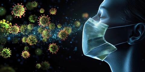A close-up of a person wearing a surgical mask with virus particles illustrated in the air around them.