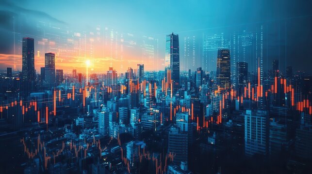 A vibrant city skyline at sunset with digital data overlays, symbolizing technology and urban development.