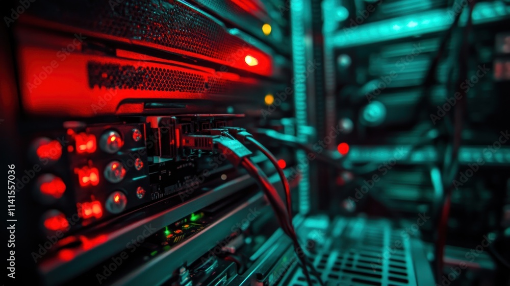 Poster close-up of a server rack with illuminated components and connected cables.