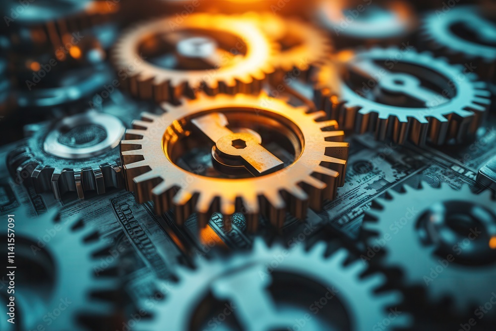 Poster a close-up view of intricately designed metallic gears, showcasing a blend of gold and silver tones,