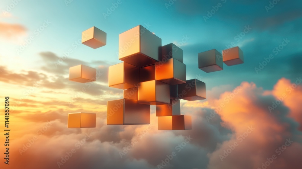 Aufkleber abstract 3d cube arrangement floating above colorful clouds at sunset