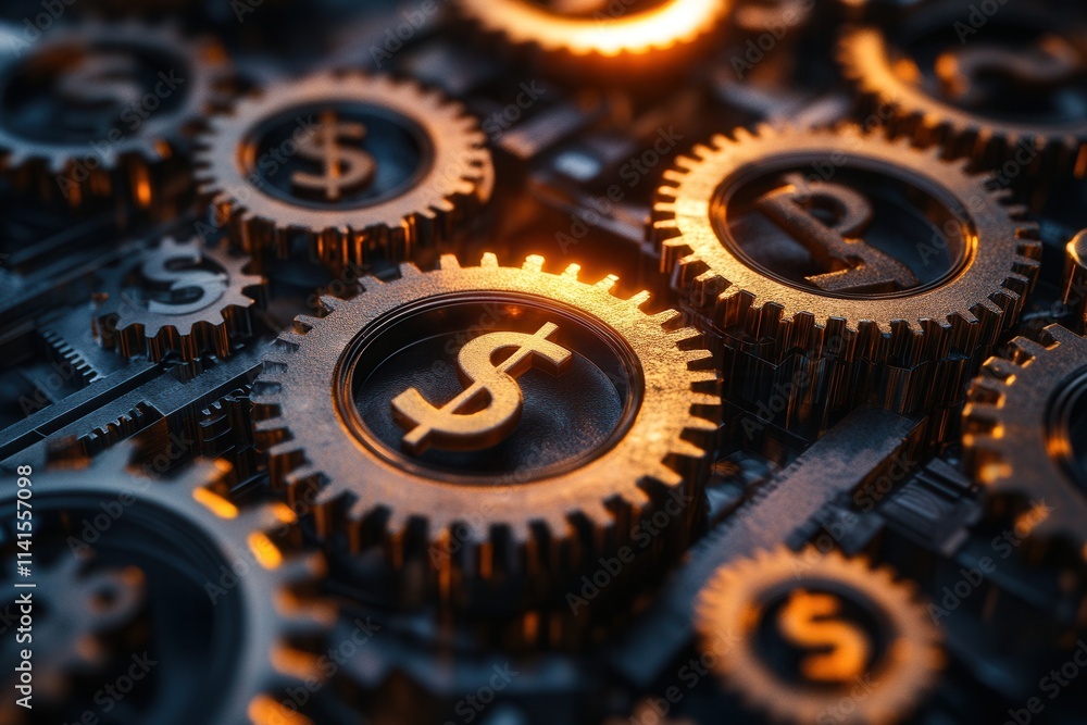 Poster a close-up of interlocking gears featuring dollar signs, symbolizing the mechanics of finance and th