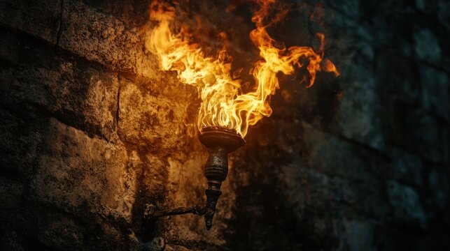 A flaming torch mounted on a stone wall, illuminating the dark surroundings.