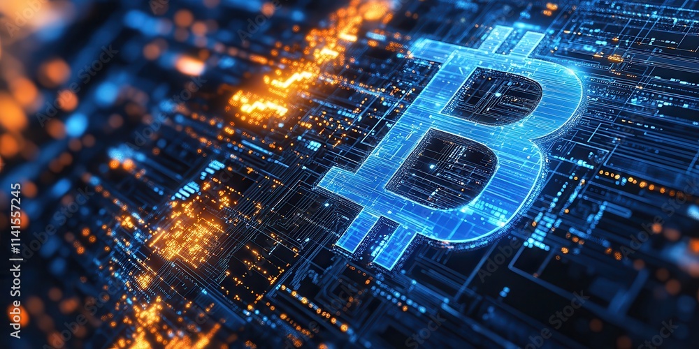 Poster a digital representation of bitcoin, featuring a glowing logo amidst a backdrop of interconnected da