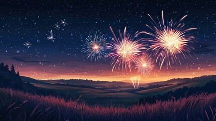 A serene landscape illuminated by colorful fireworks against a twilight sky.